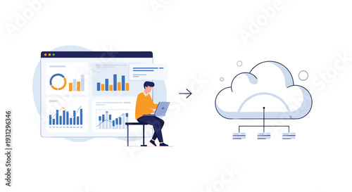 Professional data analyst working on laptop with financial dashboards connected to secure cloud storage infrastructure.