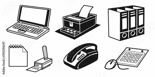 A collection of office equipment including a laptop, printer, phone, and filing cabinet.