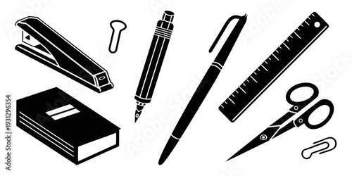 Assorted office supplies including pens, scissors, and a ruler