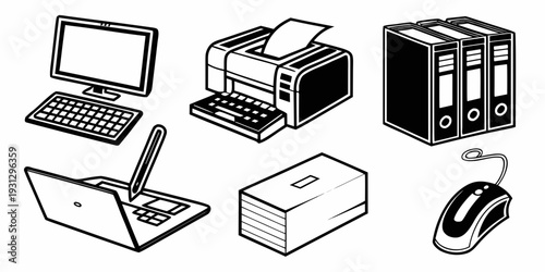 A variety of office equipment including laptops, printers, and servers.