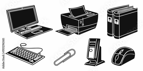 A collection of various computer hardware and accessories in black and white.