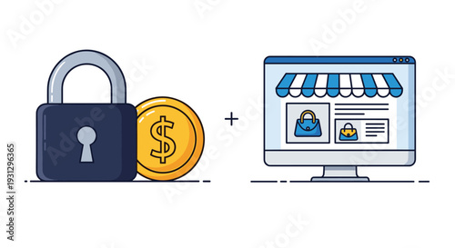 E-commerce security and safe online shopping concept featuring a large lock with dollar coin and a web store on monitor.