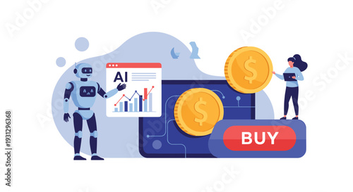 Artificial intelligence in financial trading featuring a robot analyzing charts alongside a human investor and dollar coins.