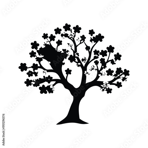 Elegant tree leaves and bird silhouette vector illustration for nature design, blossoming tree silhouette vector illustration