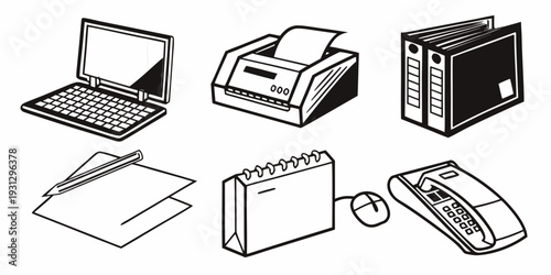 A variety of office equipment and supplies arranged on a desk.