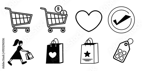 A collection of shopping and retail icons featuring a shopping cart, bags, and a heart.