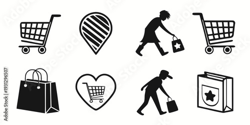 Shopping carts, hearts, and people picking up trash in a shopping context