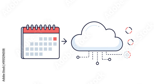 Automated scheduling and cloud data synchronization concept with a calendar icon pointing to a modern network cloud.