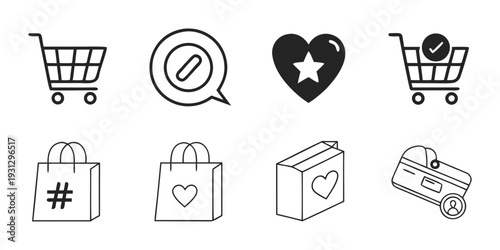 Eight icons representing various aspects of online shopping and social media