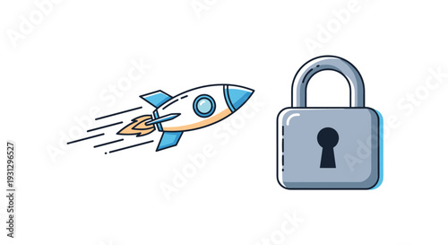 Secure project launch and fast data protection concept featuring a flying rocket and a large heavy metal padlock icon.