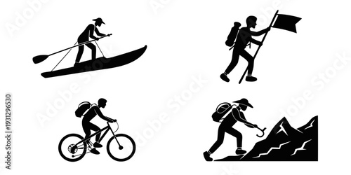 Adventure activities including hiking, cycling, and kayaking