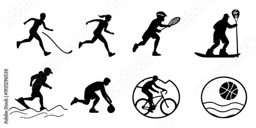 Black and white illustration of various outdoor activities and sports.