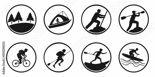 Eight different types of winter and summer sports depicted in simple black and white icons.
