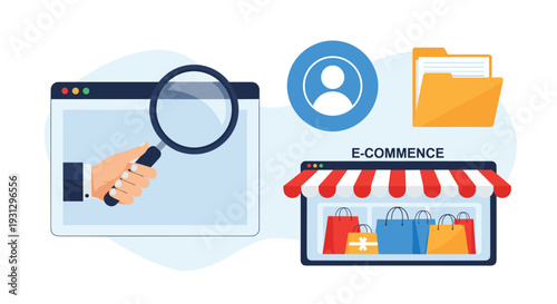 Comprehensive e-commerce search and user profile management concept with browser, folder, and digital store icons.