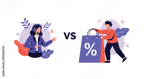 Comparison of customer service support and direct sales marketing featuring a support agent and a discount shopper.