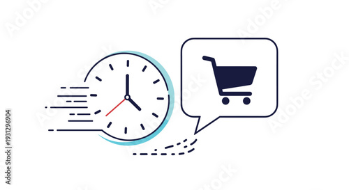 Fast delivery and quick online shopping concept with a fast-moving clock and a retail shopping cart bubble icon.