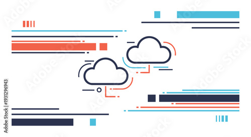 Multi-cloud networking and data synchronization concept with interconnected cloud icons on a tech background.