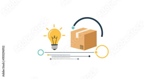 Innovative product development and smart logistics concept featuring a light bulb and a cardboard shipping box.