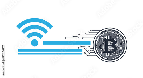 Wireless cryptocurrency payments and digital finance connectivity concept with large wifi and gold bitcoin icons.