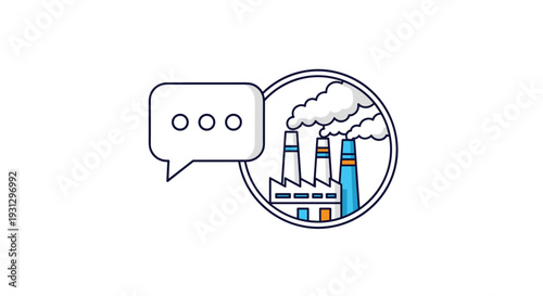 Industrial communication and factory feedback concept featuring a speech bubble and manufacturing plant icon.