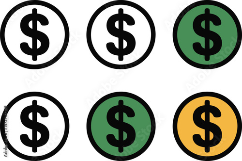 A group of dollar sign coins in different colors Vector