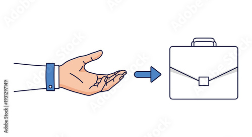 Human hand reaching out towards a white briefcase icon representing job recruitment, career advancement, or employment search.