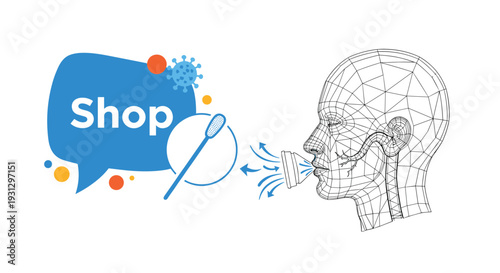 Digital shop icon and virus symbols next to a nasal swab testing a wireframe human head for health safety during shopping.