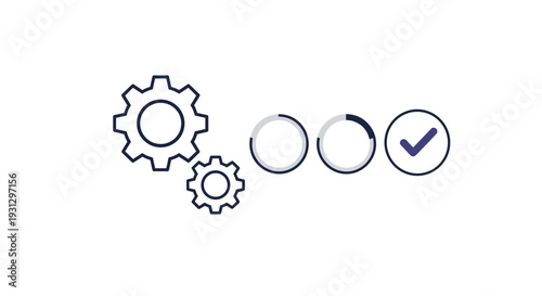 Two rotating gears and three progress circles leading to a final check mark representing automated workflow and task completion.