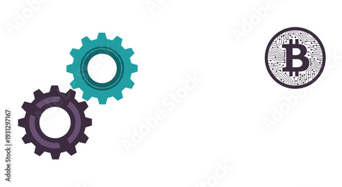 Pair of mechanical gears rotating next to a digital Bitcoin coin representing cryptocurrency mining and technological process.