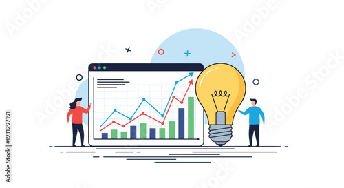 Business analysts examining data charts on a screen next to a large glowing light bulb for strategic planning and innovation.