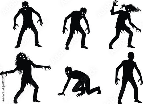 Zombie silhouettes in creepy poses with glowing eyes, horror undead figures for Halloween artwork, spooky illustration for scary themed design