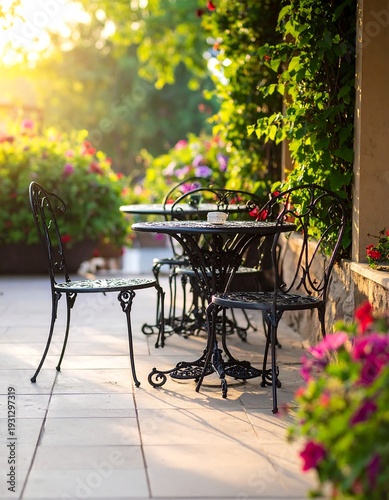 Serene patio with wrought iron furniture and lush greenery
