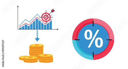 Growth bar chart with a bullseye target and coins pointing towards a large percentage symbol representing investment returns.