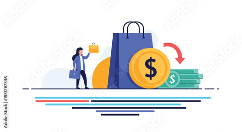 Woman holding a briefcase next to a large shopping bag, gold coin, and stacked cash representing consumerism and commerce.