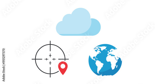 Crosshair target with a red location pin next to a cloud and a blue globe representing global audience targeting strategies.