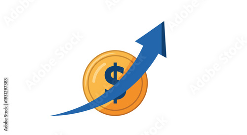 Large gold dollar coin with an upward trending blue arrow representing financial growth, market success, and rising value.