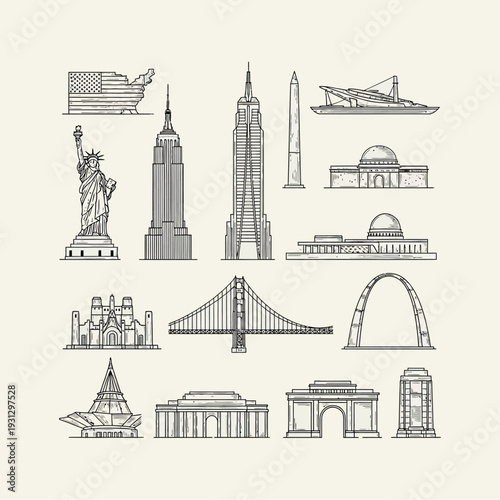 Collection of iconic American landmarks and famous buildings in a hand-drawn style.