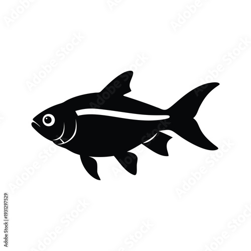 A sleek and stylized black and white fish silhouette vector illustration showcasing a simple yet elegant design, cardinal tetra silhouette vector illustration
