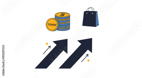Stack of tokens, a shopping bag, and upward pointing arrows representing the rising value of digital tokens in e-commerce.