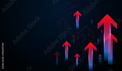 A series of red arrows increases in size, representing digital chart trends in modern technology and global Finance. and Moving upward arrows with bright red arrows rise