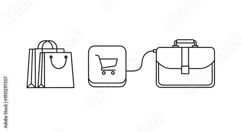 Line icons of shopping bags, a cart button, and a business briefcase representing professional shopping and office supplies.