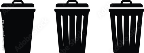 Three black trash cans in a row on a white background Vector