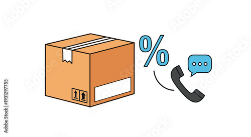 Shipping and customer service icons including cardboard box for delivery discount percentage and communication symbols for support.