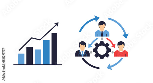 Business performance and teamwork illustration showing rising bar graph alongside professionals collaborating with a central gear.