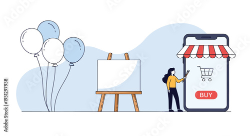 Creative marketing and retail promotion concept showing balloons near blank easel and woman purchasing items via mobile device.