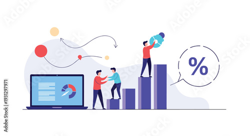 Career growth and business mentoring concept showing team members helping colleague ascend bar graph next to data laptop.