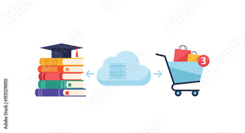 Education technology and online learning marketplace concept showing academic books cloud server and retail shopping cart icons.