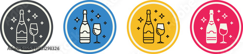 Wine Bottle and Glass Celebration Icon Set – Alcohol Beverage Symbol in Circular Flat Design