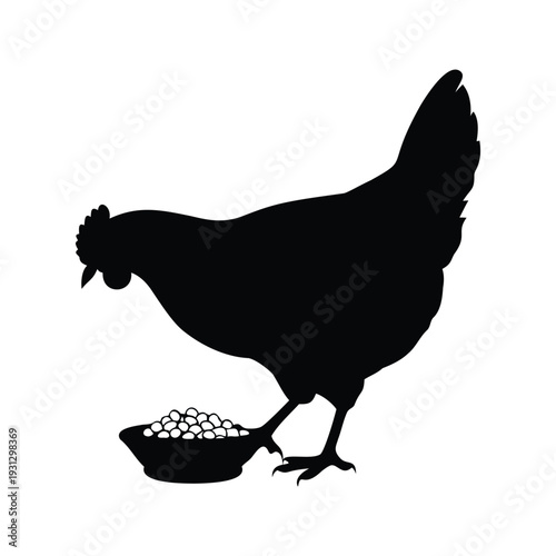 Black and white chicken food bowl silhouette vector illustration, chicken eating grain silhouette vector illustration