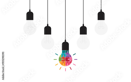 Hanging light bulbs with one glowing on white background. Concept of idea